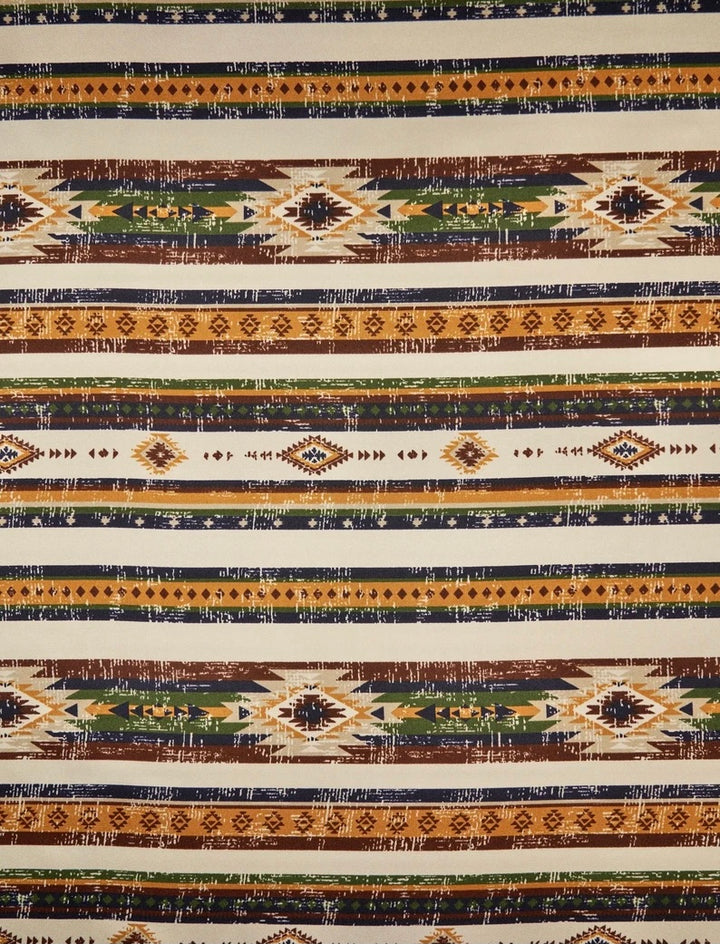 Charmeuse satin fabric by the yard -  Ivory olive green navy aztec tribal print