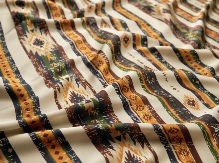 Charmeuse satin fabric by the yard -  Ivory olive green navy aztec tribal print