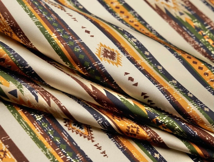 Charmeuse satin fabric by the yard -  Ivory olive green navy aztec tribal print