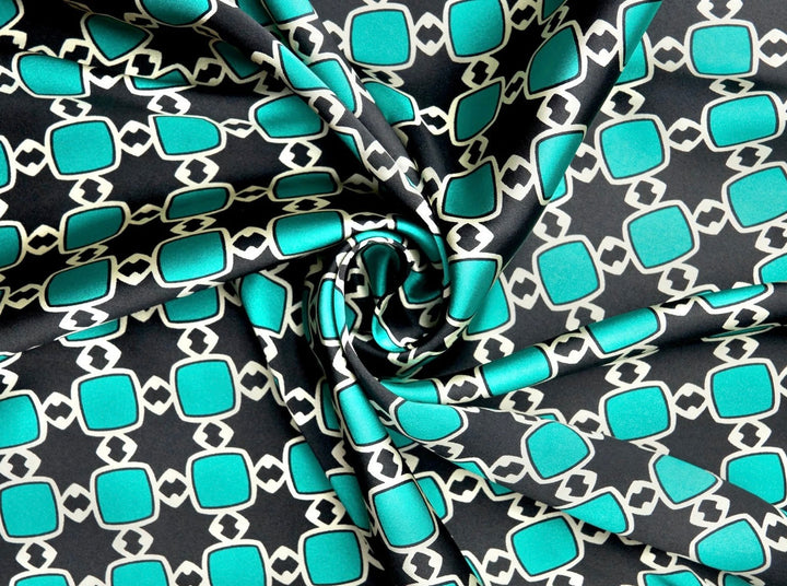 Charmeuse satin fabric by the yard -  Black turquoise  squares  print