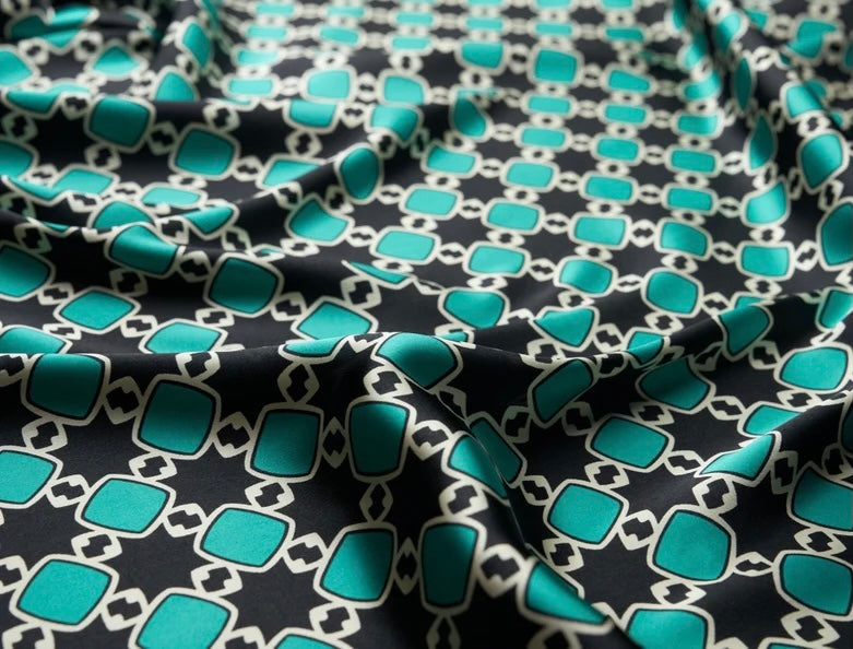 Charmeuse satin fabric by the yard -  Black turquoise  squares  print