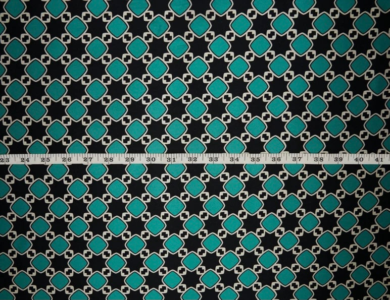 Charmeuse satin fabric by the yard -  Black turquoise  squares  print