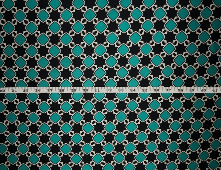 Charmeuse satin fabric by the yard -  Black turquoise  squares  print