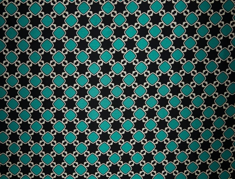 Charmeuse satin fabric by the yard -  Black turquoise  squares  print