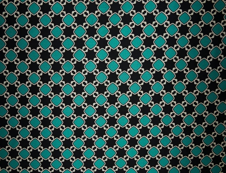 Charmeuse satin fabric by the yard -  Black turquoise  squares  print