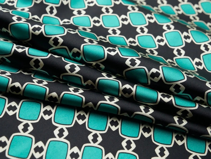 Charmeuse satin fabric by the yard -  Black turquoise  squares  print