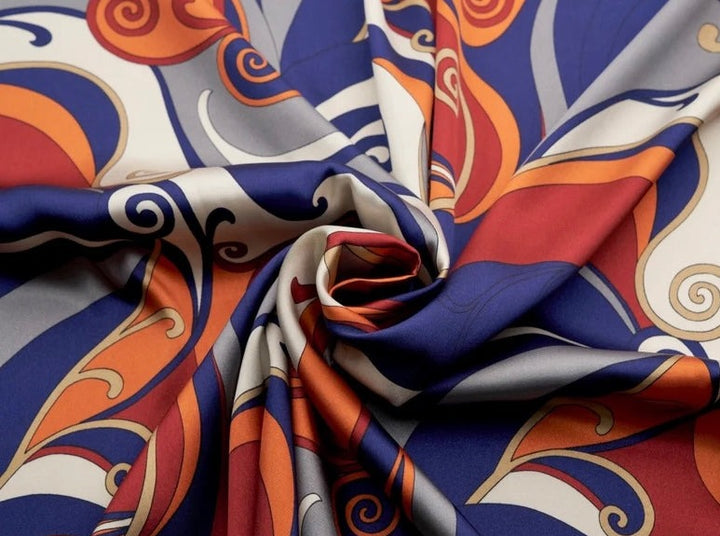 Charmeuse Satin Fabric by the yard -  Navy orange red paisley pucci inspired print