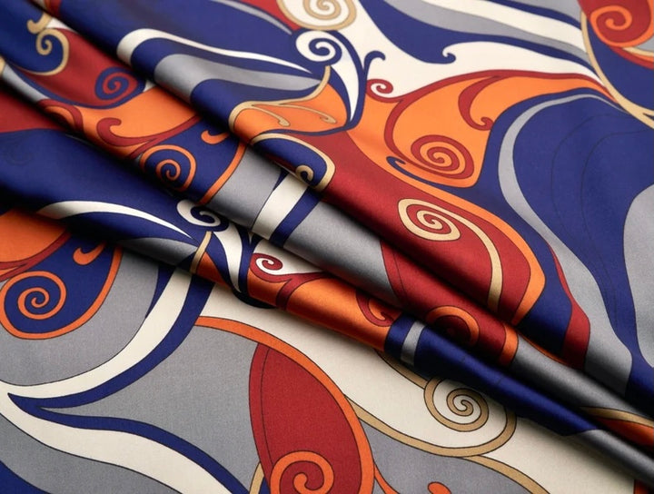 Charmeuse Satin Fabric by the yard -  Navy orange red paisley pucci inspired print