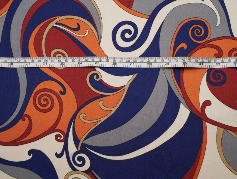 Charmeuse Satin Fabric by the yard -  Navy orange red paisley pucci inspired print