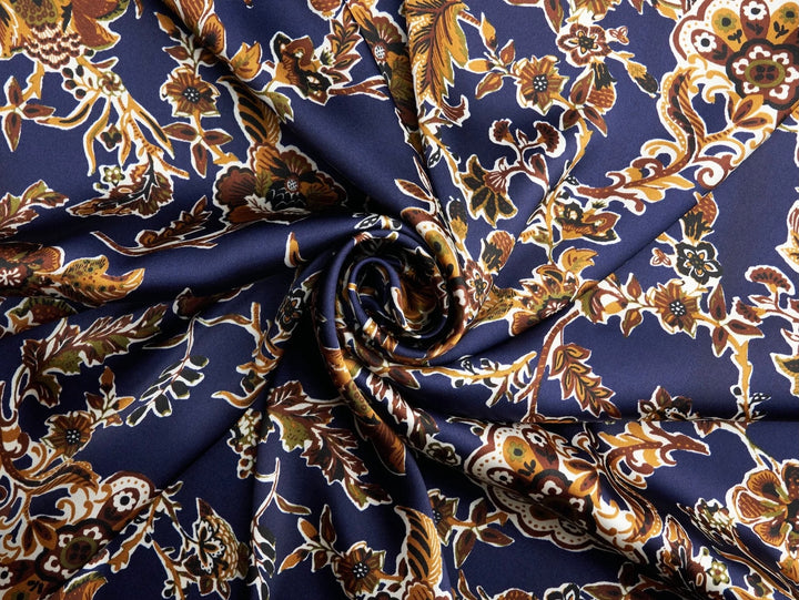 Charmeuse satin fabric by the yard - Navy olive tan floral print