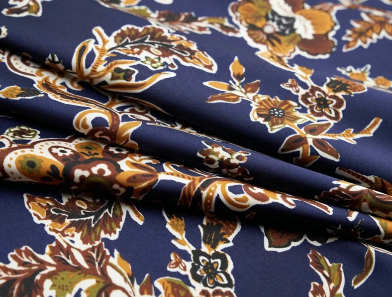 Charmeuse satin fabric by the yard - Navy olive tan floral print