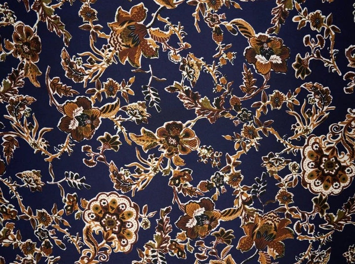 Charmeuse satin fabric by the yard - Navy olive tan floral print