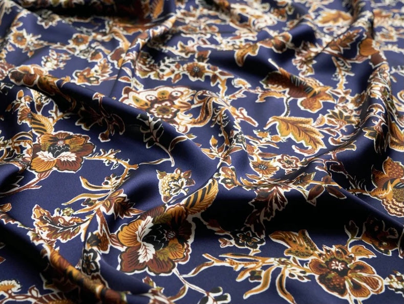 Charmeuse satin fabric by the yard - Navy olive tan floral print