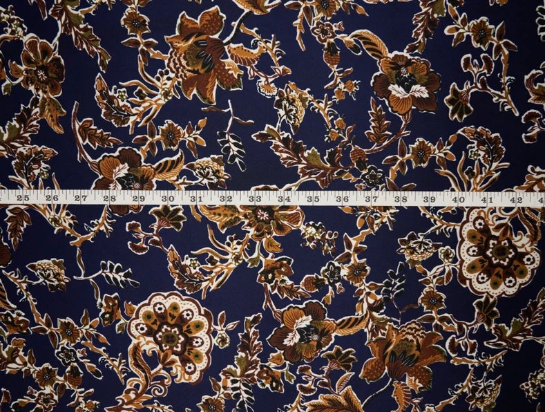 Charmeuse satin fabric by the yard - Navy olive tan floral print