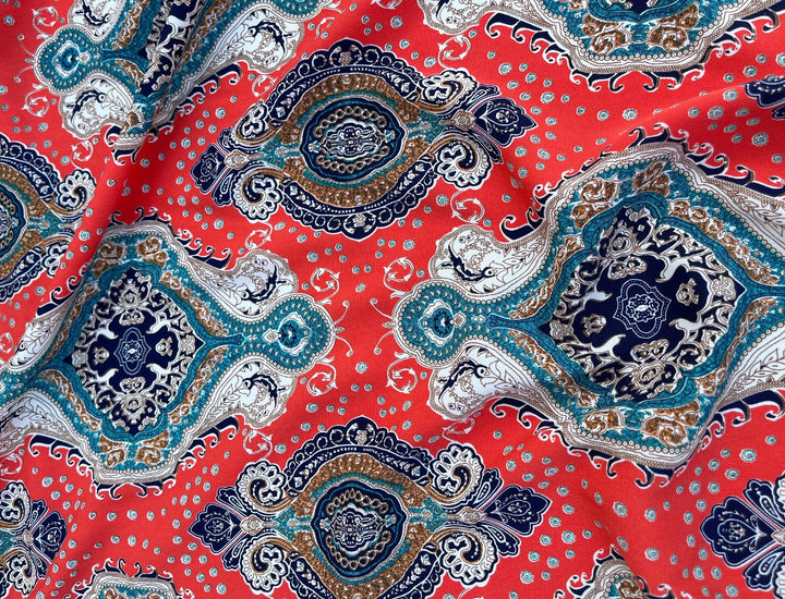 Woolpeach  fabric by the yard - Coral turquoise damask print