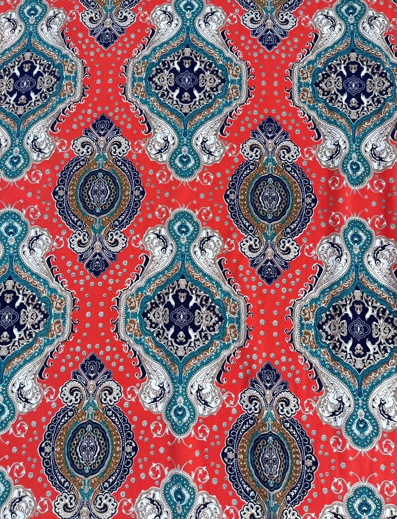 Woolpeach  fabric by the yard - Coral turquoise damask print