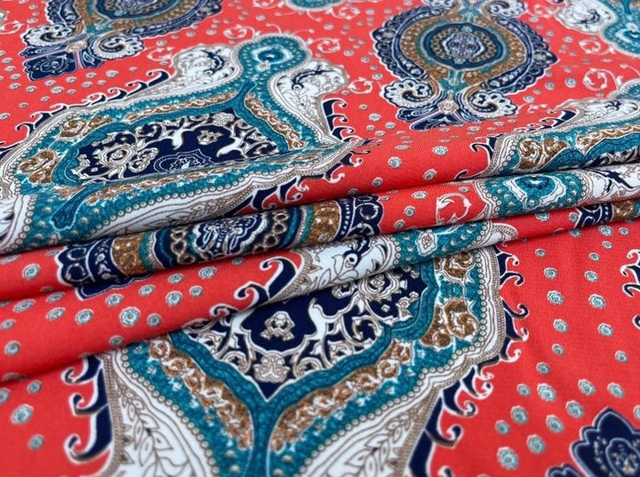 Woolpeach  fabric by the yard - Coral turquoise damask print