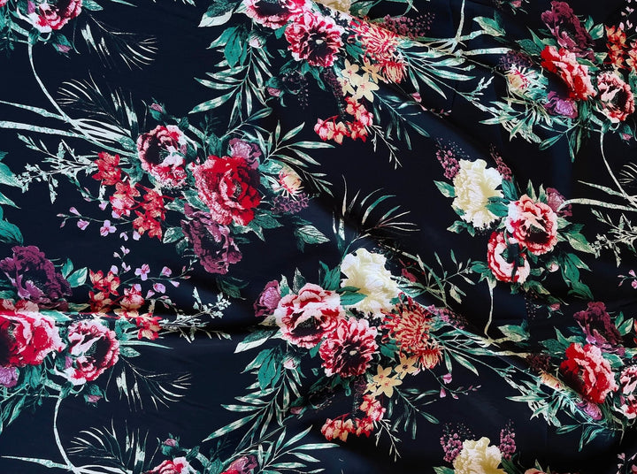 Lightweight  satin fabric by the yard - Black eggplant roses print