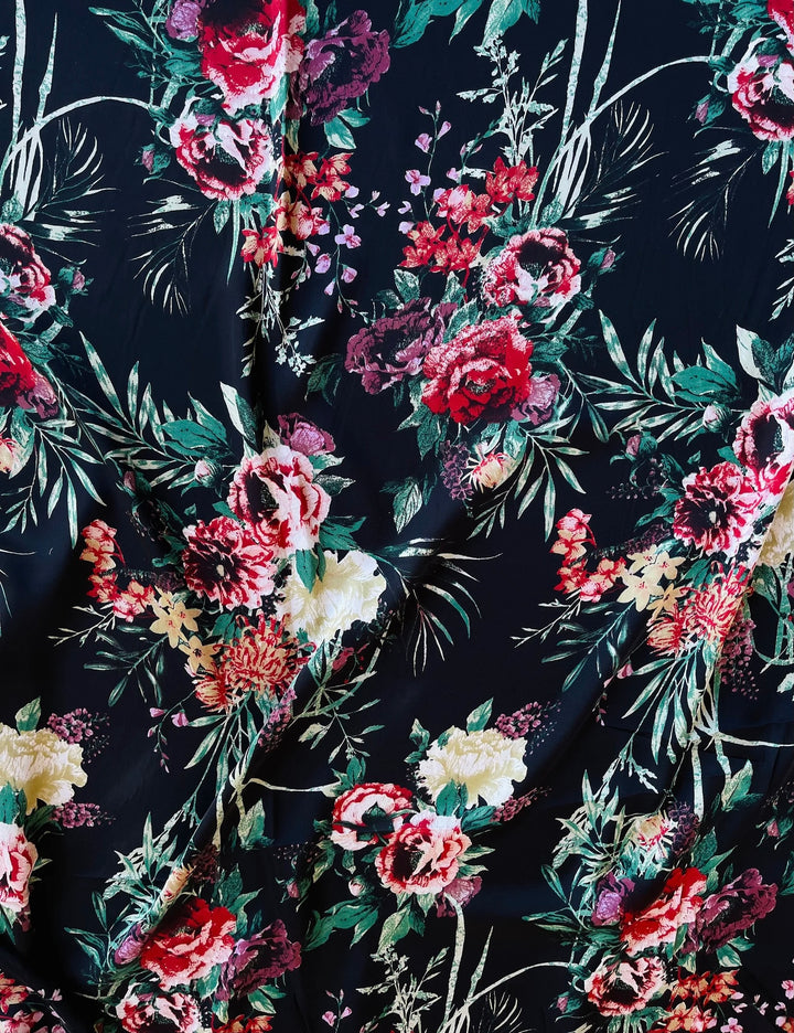 Lightweight  satin fabric by the yard - Black eggplant roses print