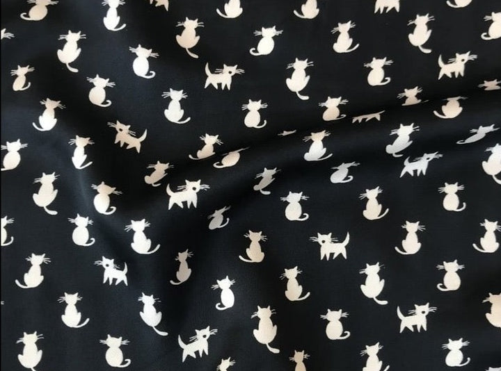 Lightweight  satin fabric by the yard - Black and gray cats print