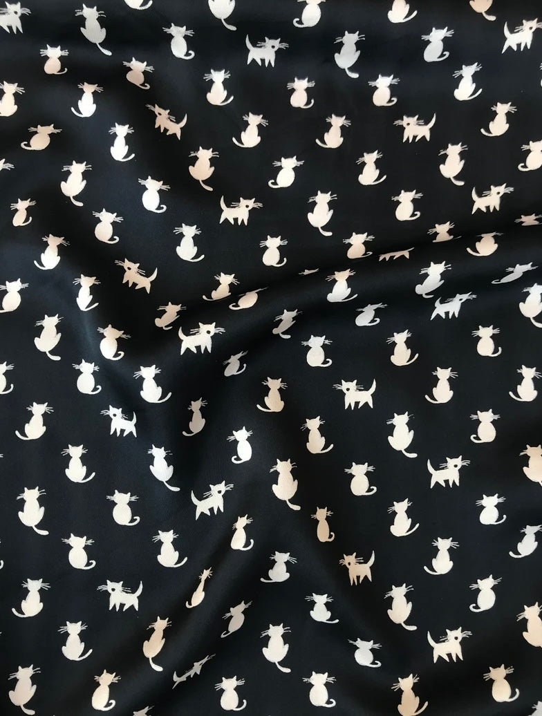 Lightweight  satin fabric by the yard - Black and gray cats print