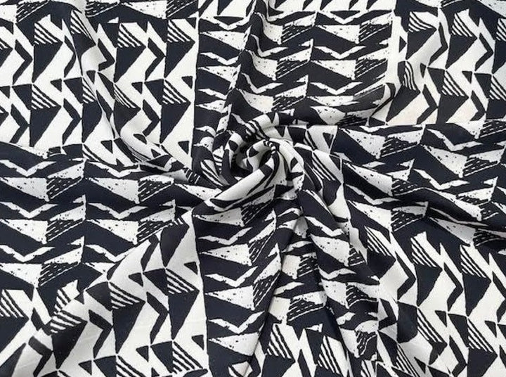 Lightweight  satin fabric by the yard -Black and off white triangle squared print