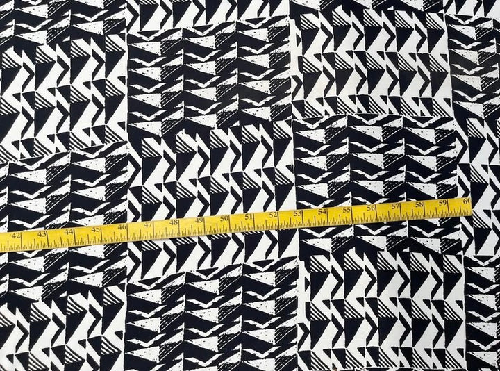 Lightweight  satin fabric by the yard -Black and off white triangle squared print