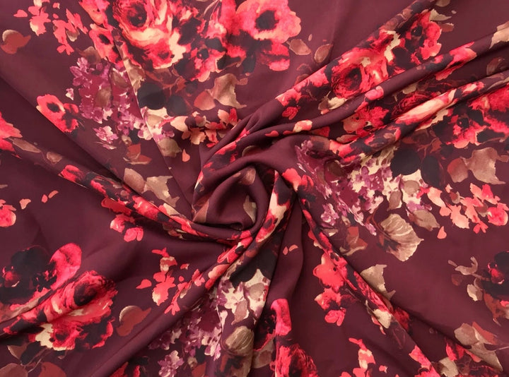 Lightweight  satin fabric by the yard - Burgundy red brown roses print