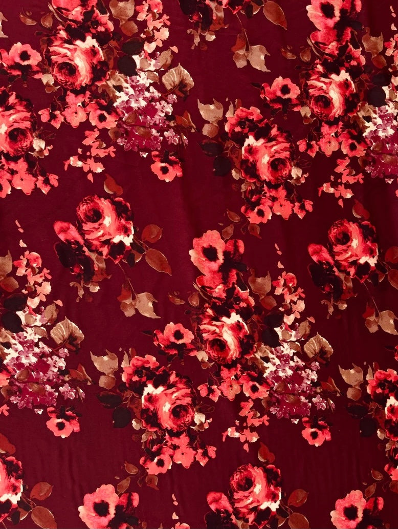 Lightweight  satin fabric by the yard - Burgundy red brown roses print