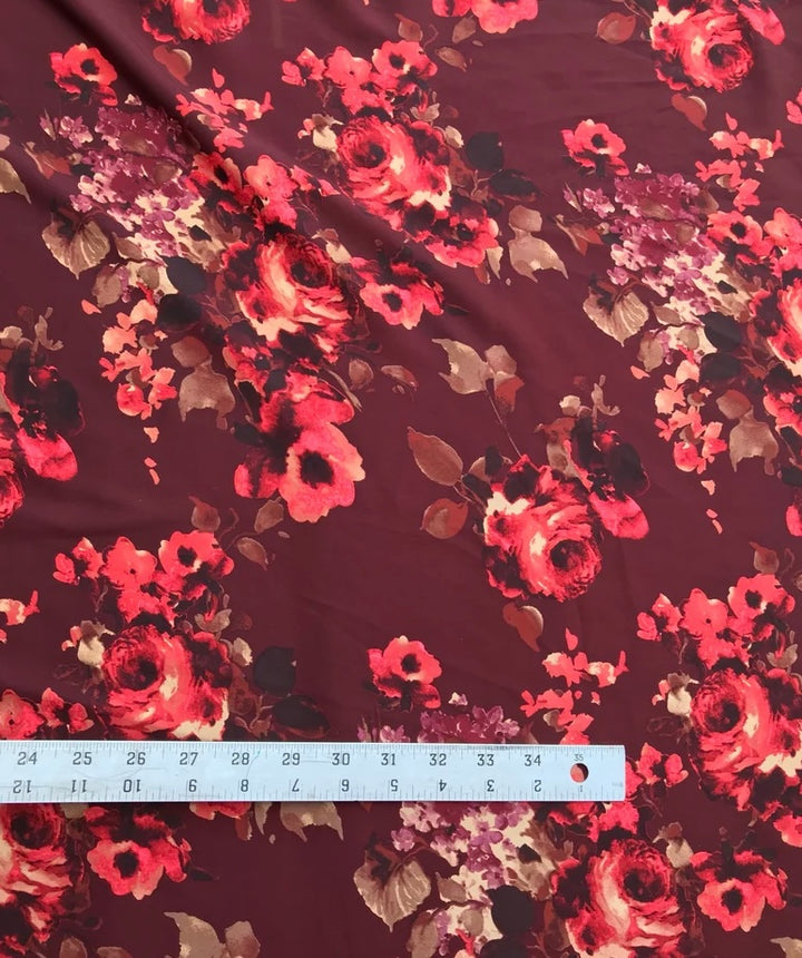 Lightweight  satin fabric by the yard - Burgundy red brown roses print