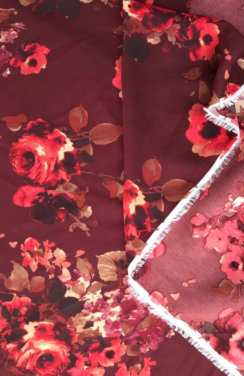 Lightweight  satin fabric by the yard - Burgundy red brown roses print