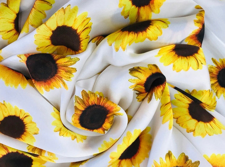 Lightweight  satin fabric by the yard - Yellow sunflowers on white