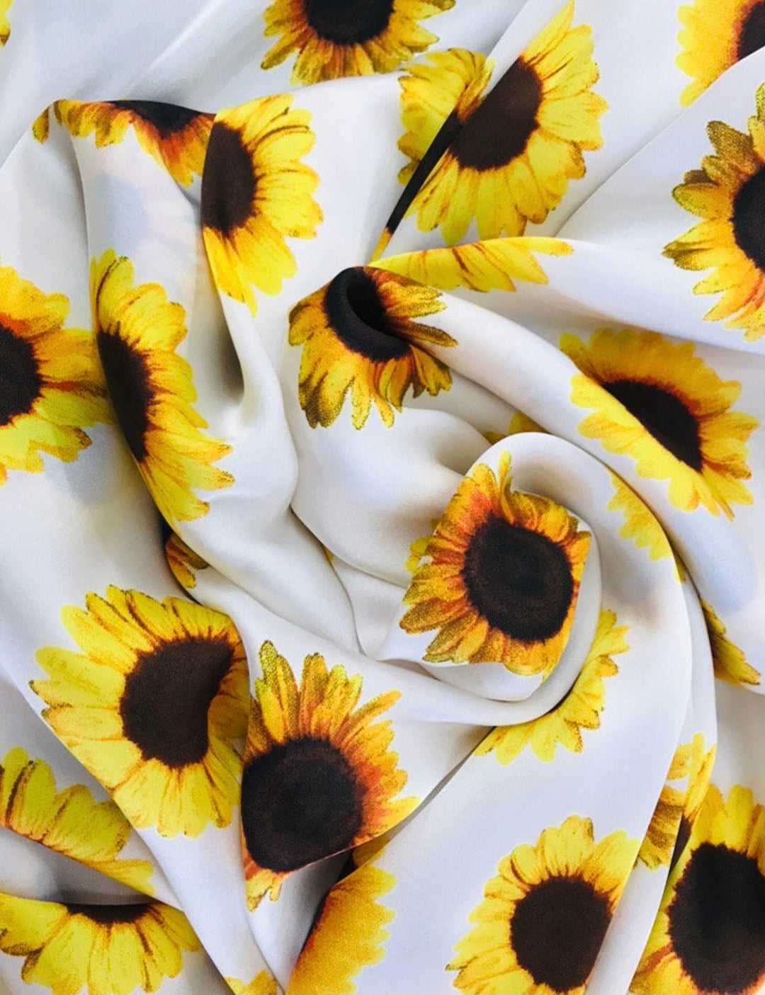 Lightweight  satin fabric by the yard - Yellow sunflowers on white