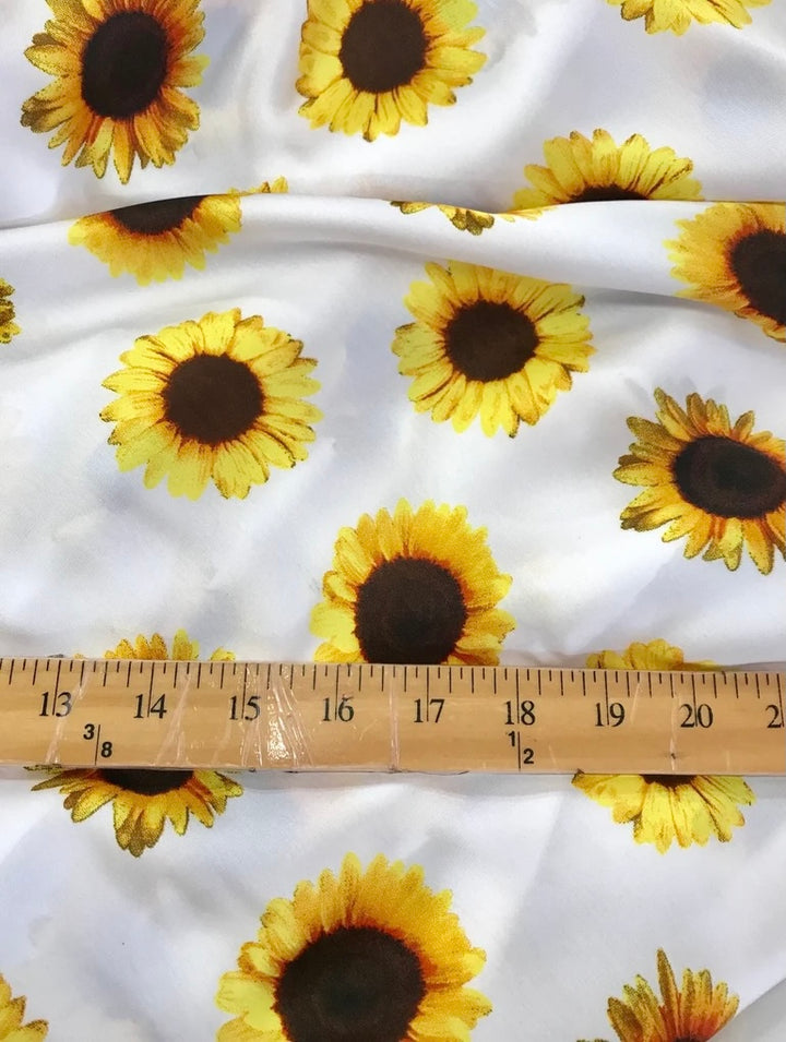 Lightweight  satin fabric by the yard - Yellow sunflowers on white