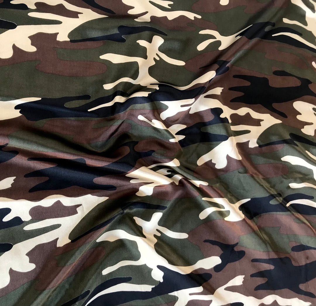 Charmeuse Satin Fabric by the yard -  Green black Camouflage print