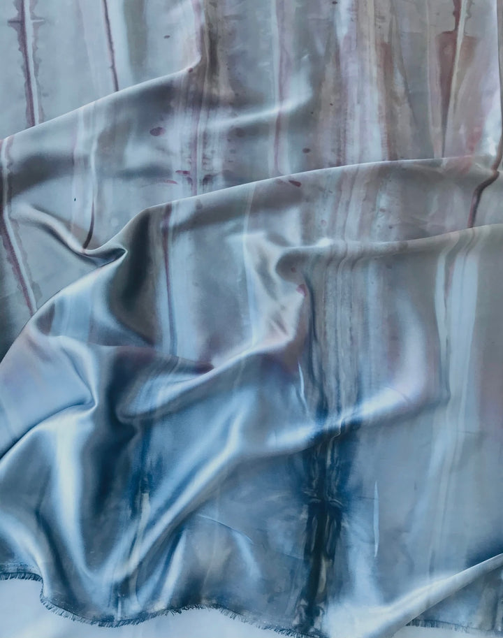 Charmeuse Satin Fabric by the yard -  Blue gray tie dye border print