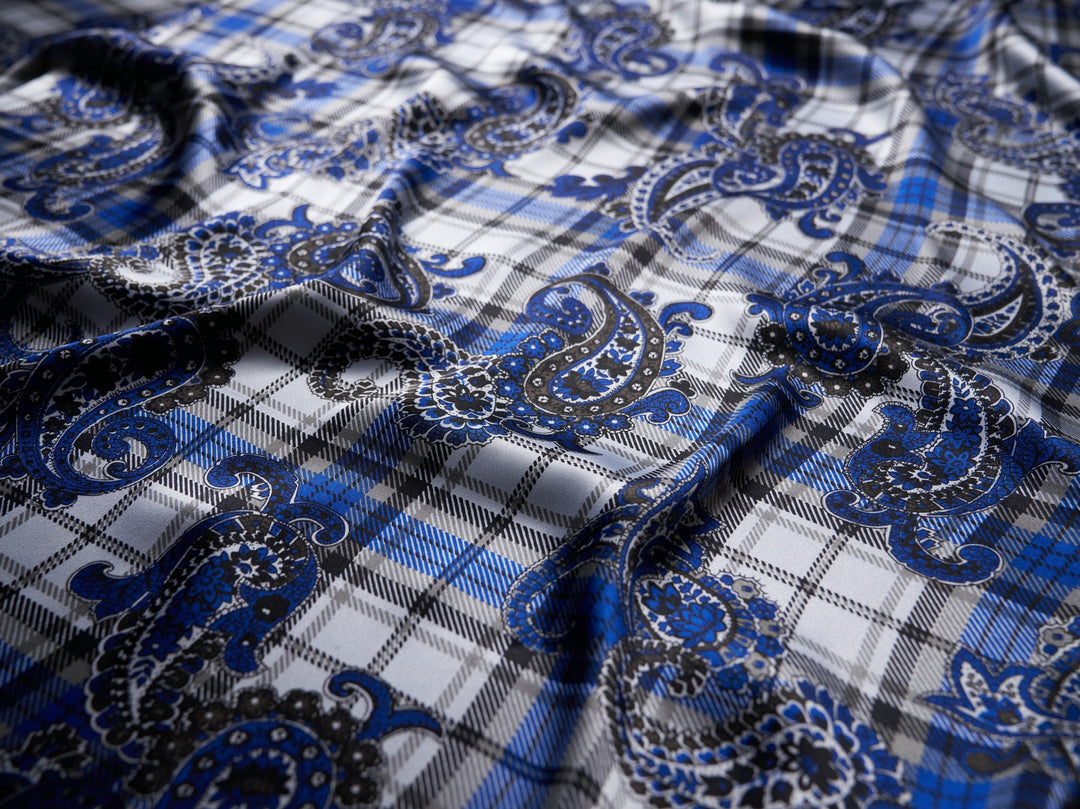 black and blue paisley plaid print