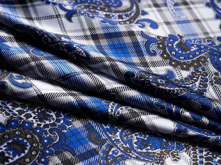 Charmeuse satin fabric by the yard -  Black and blue paisley plaid print