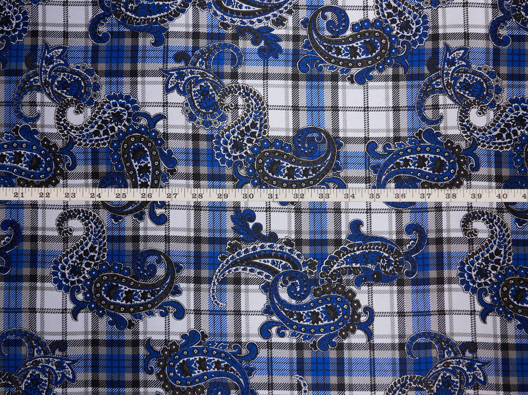 Charmeuse satin fabric by the yard -  Black and blue paisley plaid print