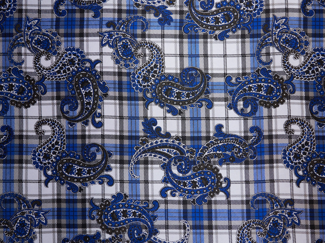 Charmeuse satin fabric by the yard -  Black and blue paisley plaid print