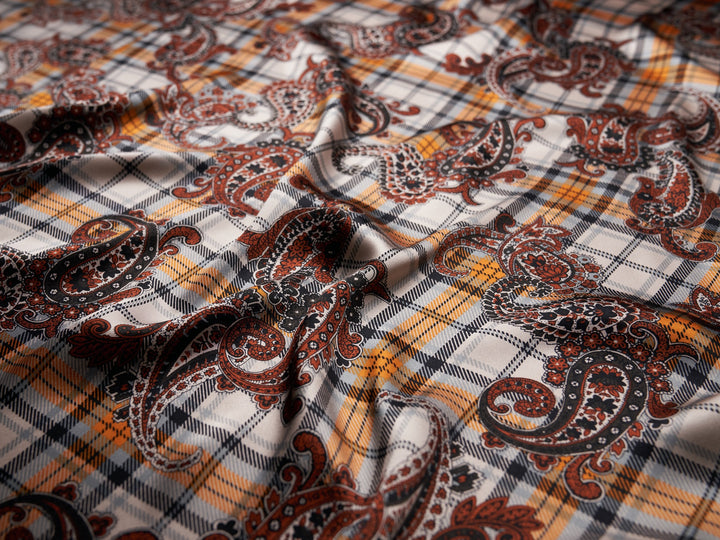 black and orange paisley plaid print