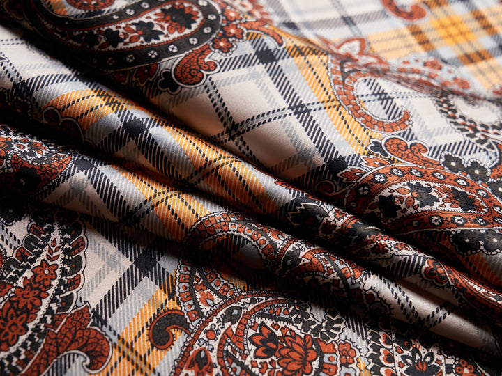 Charmeuse satin fabric by the yard -  Black and orange paisley plaid print