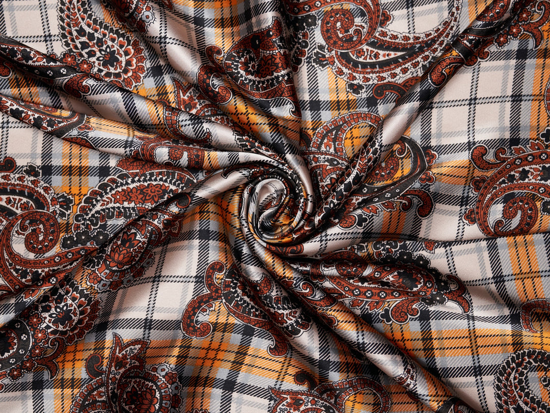 Charmeuse satin fabric by the yard -  Black and red paisley plaid print