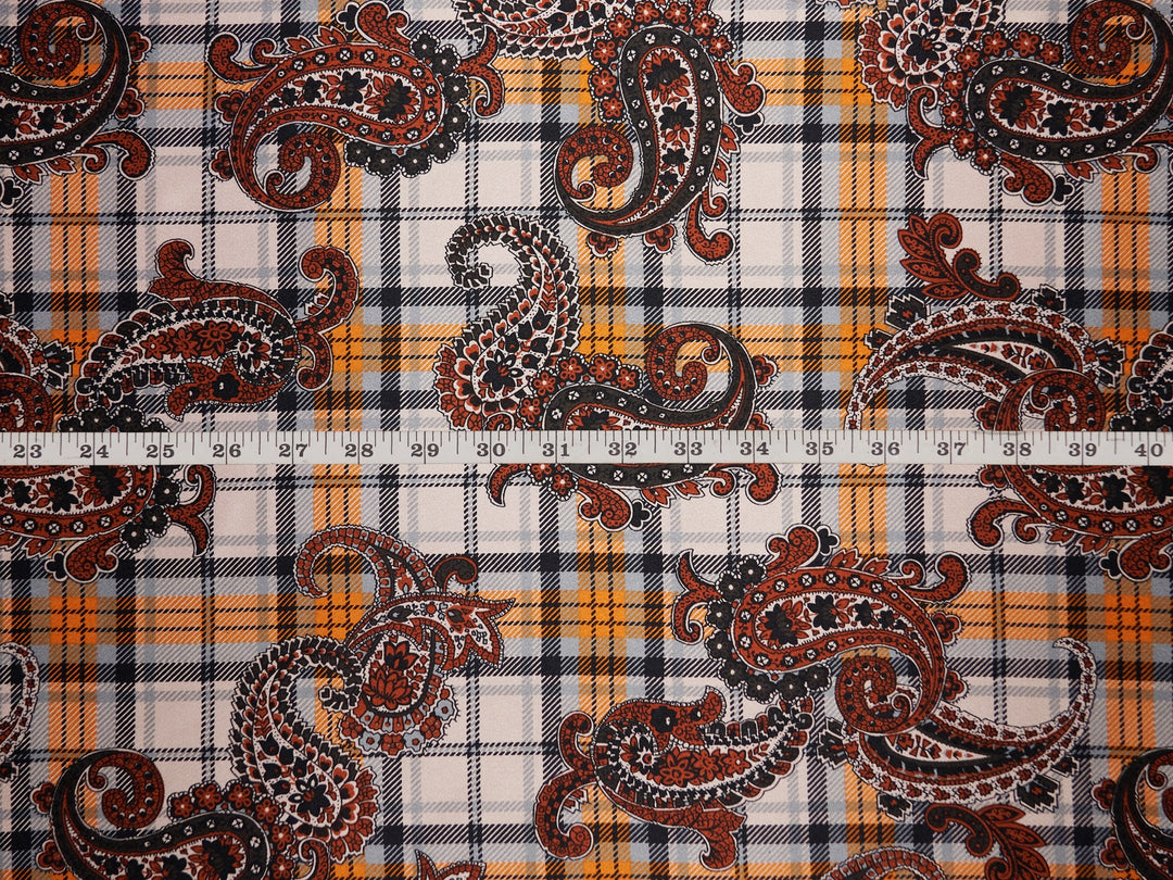 Charmeuse satin fabric by the yard -  Black and orange paisley plaid print