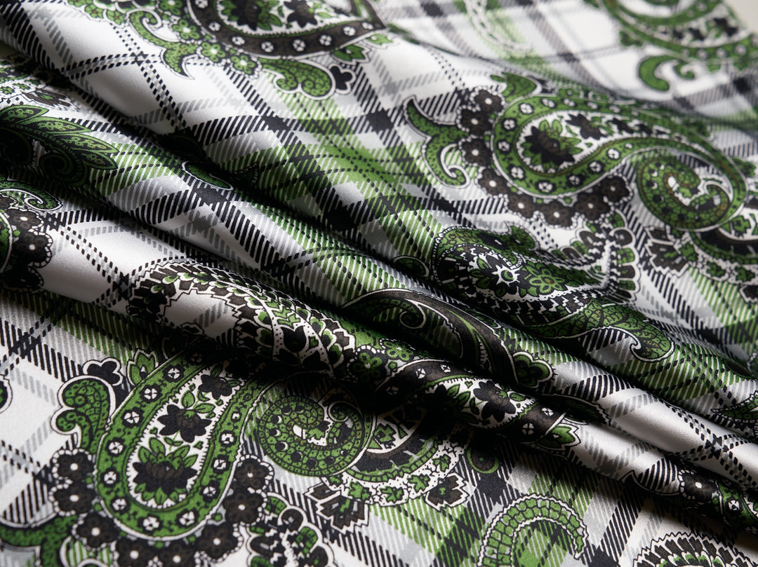 Charmeuse satin fabric by the yard -  Black and green paisley plaid print