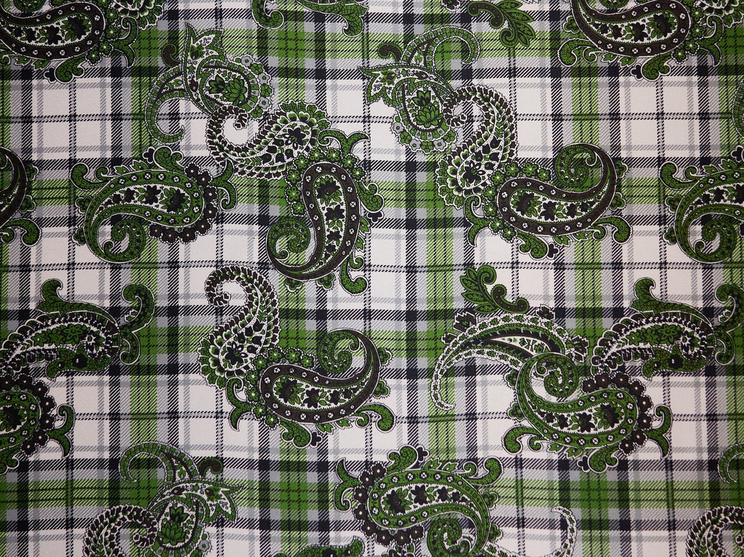 Charmeuse satin fabric by the yard -  Black and green paisley plaid print