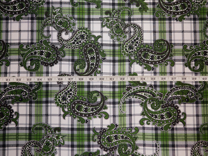 Charmeuse satin fabric by the yard -  Black and green paisley plaid print