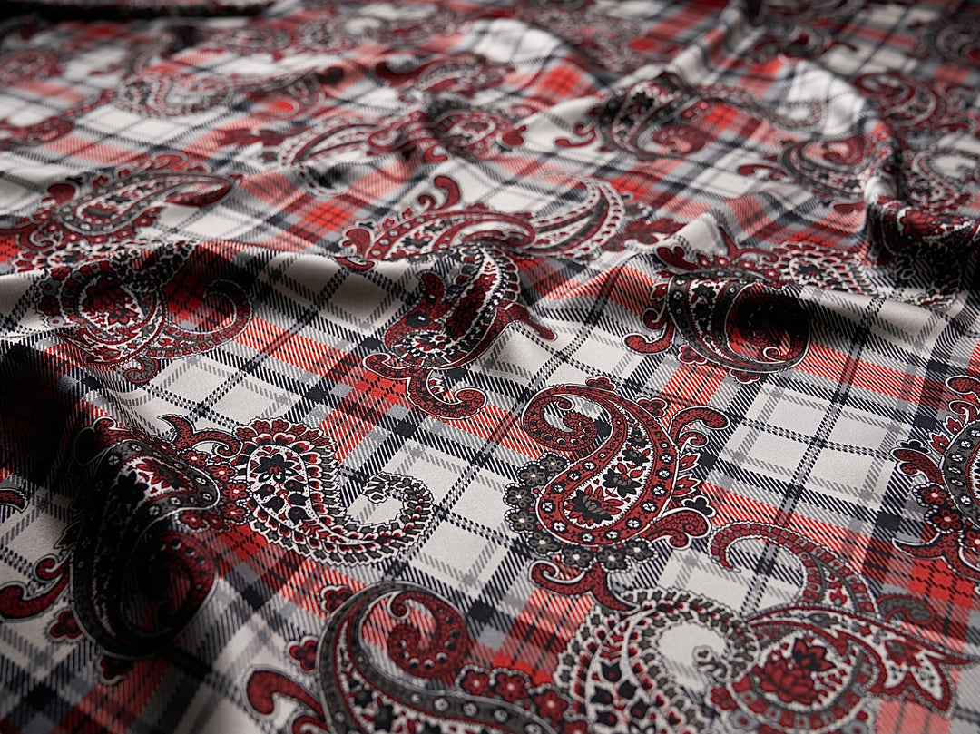 black and red paisley plaid print