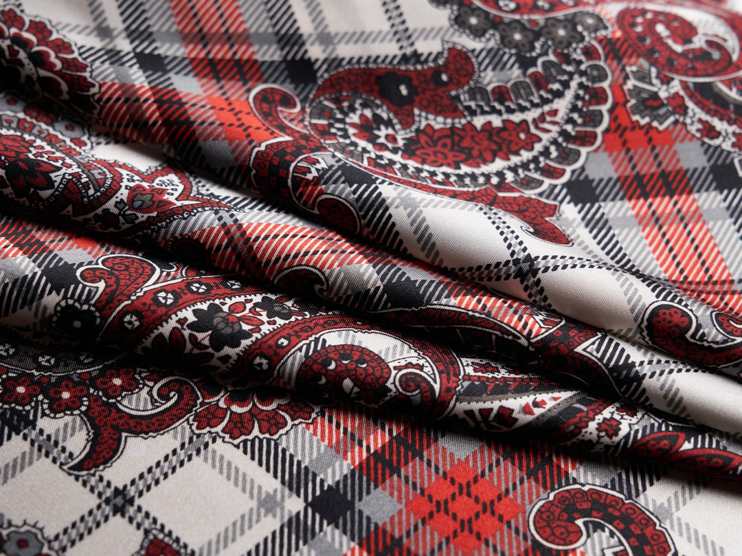 Charmeuse satin fabric by the yard -  Black and red paisley plaid print