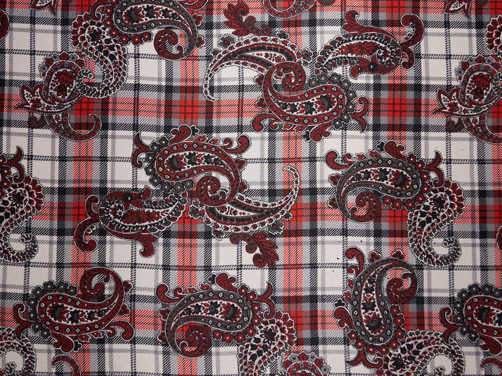 Charmeuse satin fabric by the yard -  Black and red paisley plaid print